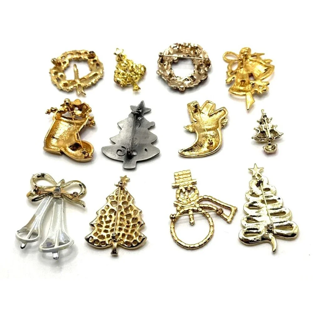 Vintage Rhinestone Enamel Christmas Brooches Trees Bells Wreaths Stockings 12 Pc